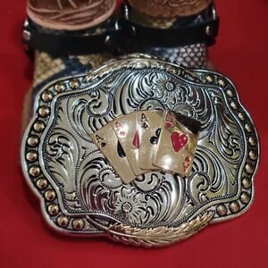 Four Aces Western Belt Buckle Cowboy Rodeo Jeans Buckle Silver-tone